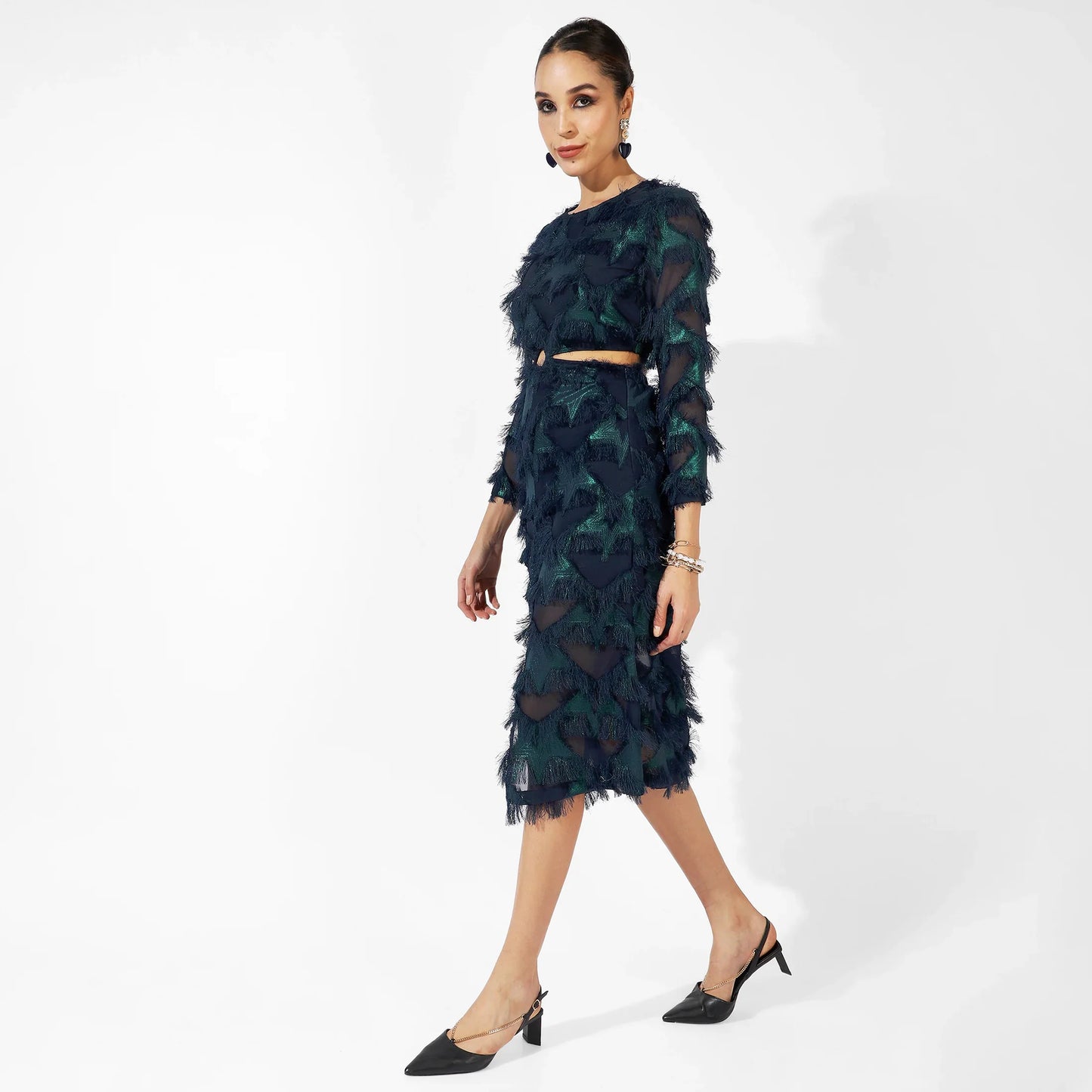 Green & Blue Cutout Fringe Dress