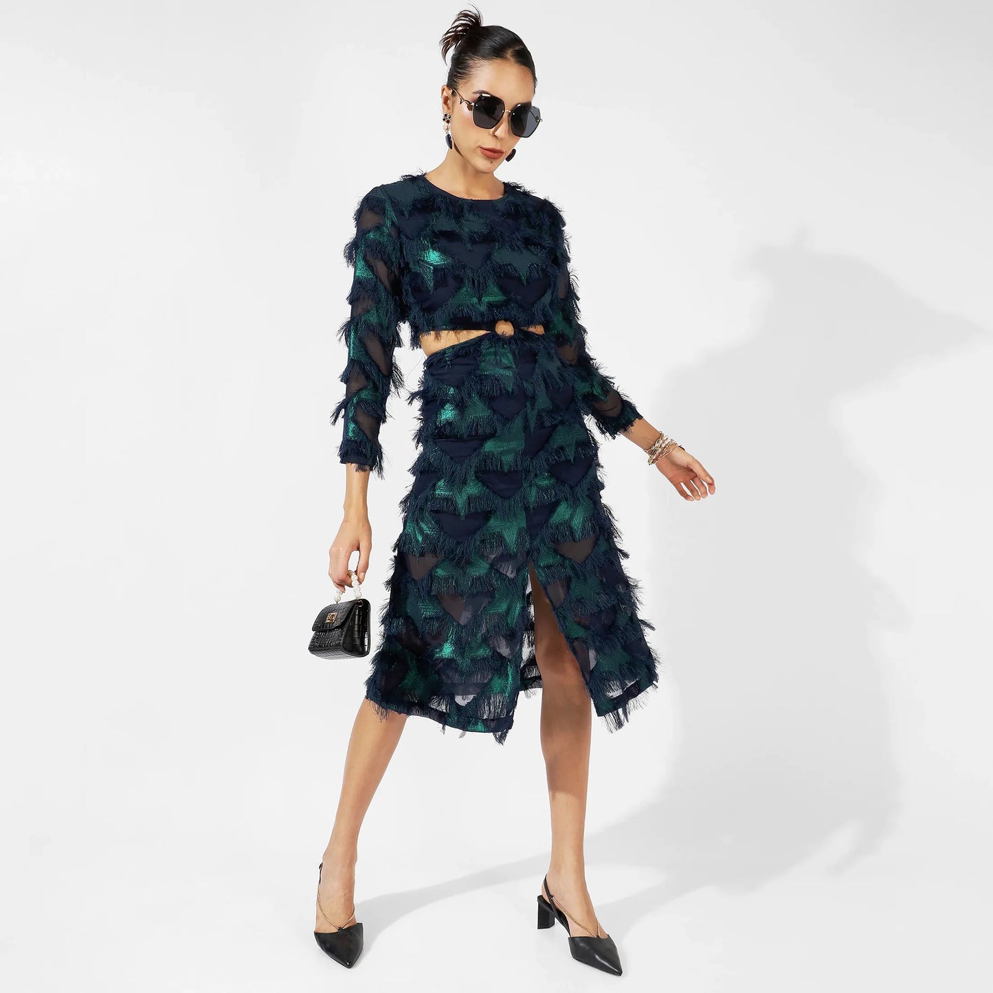 Green & Blue Cutout Fringe Dress