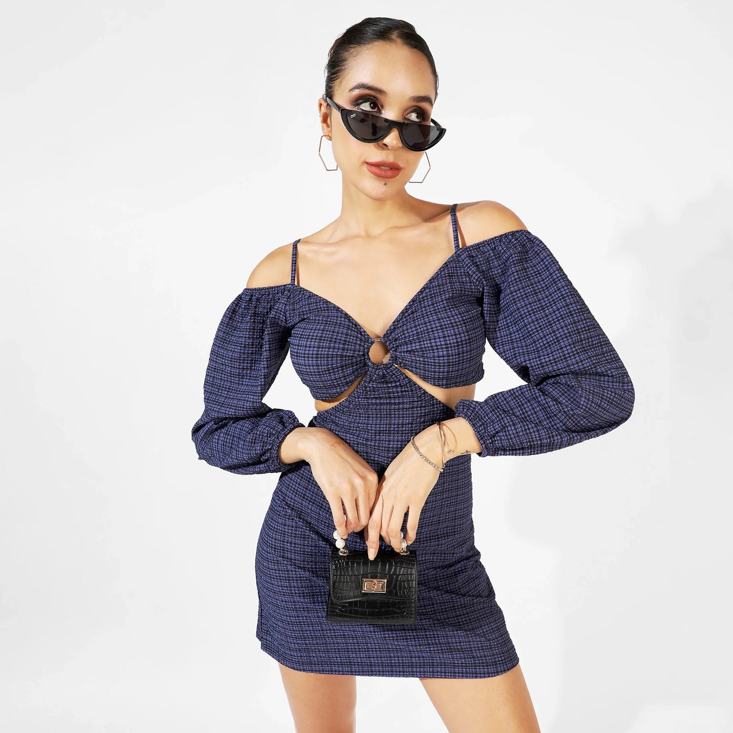 Midnight Blue Cutout Checkered Dress