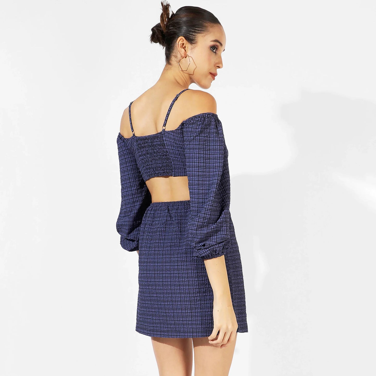 Midnight Blue Cutout Checkered Dress