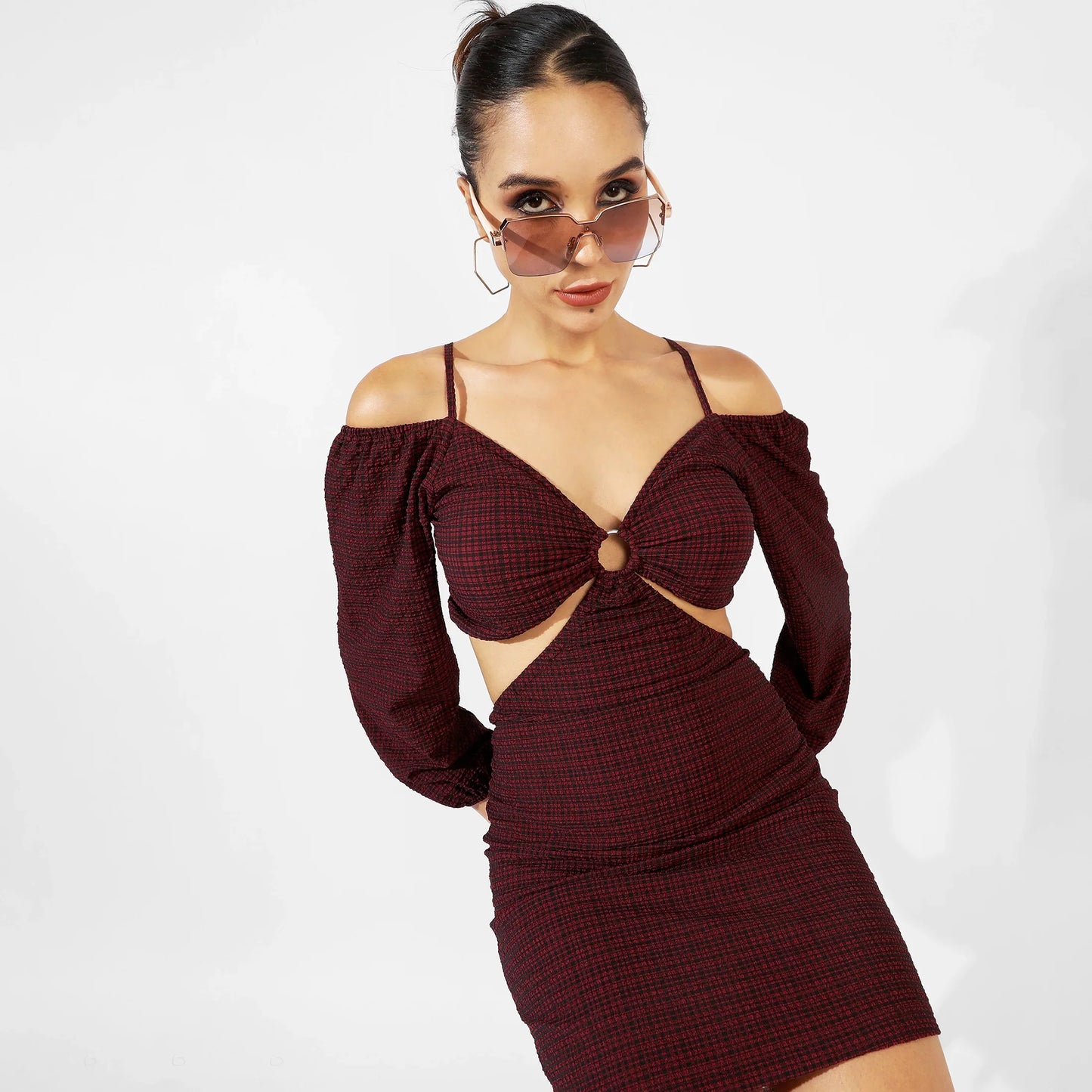 Red Cutout Checkered Dress