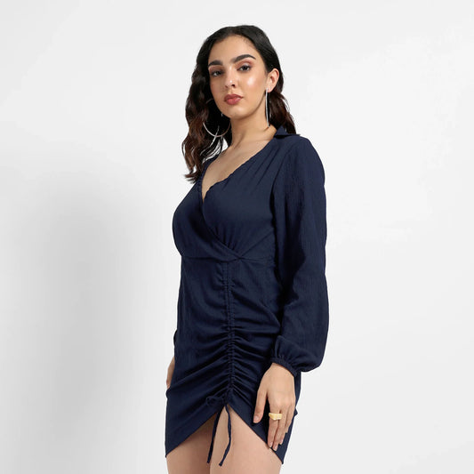 Solid Navy Blue Mini Dress With Ruched Detail