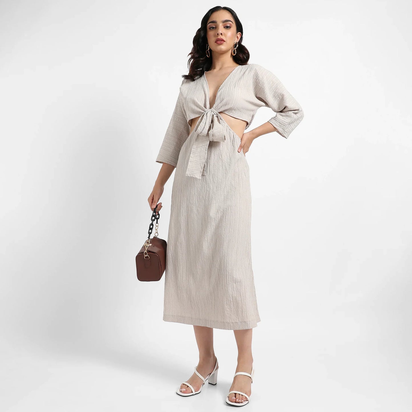 Solid Greige Dress With Tie-Up Cutout Detail
