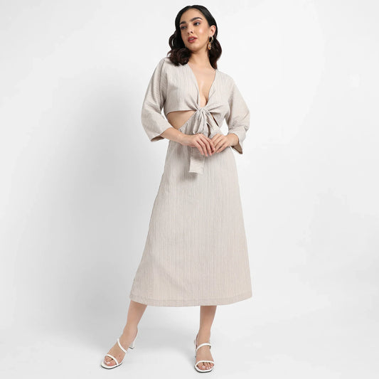 Solid Greige Dress With Tie-Up Cutout Detail