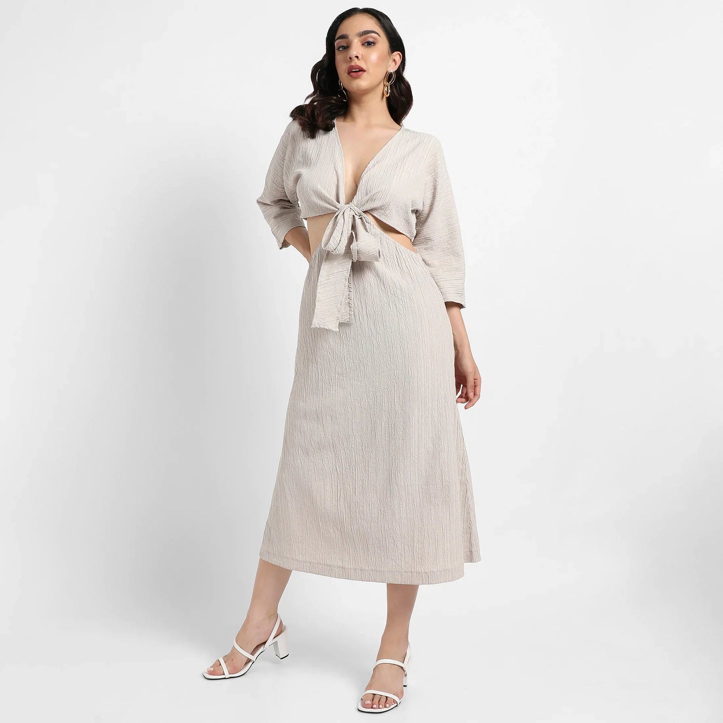Solid Greige Dress With Tie-Up Cutout Detail