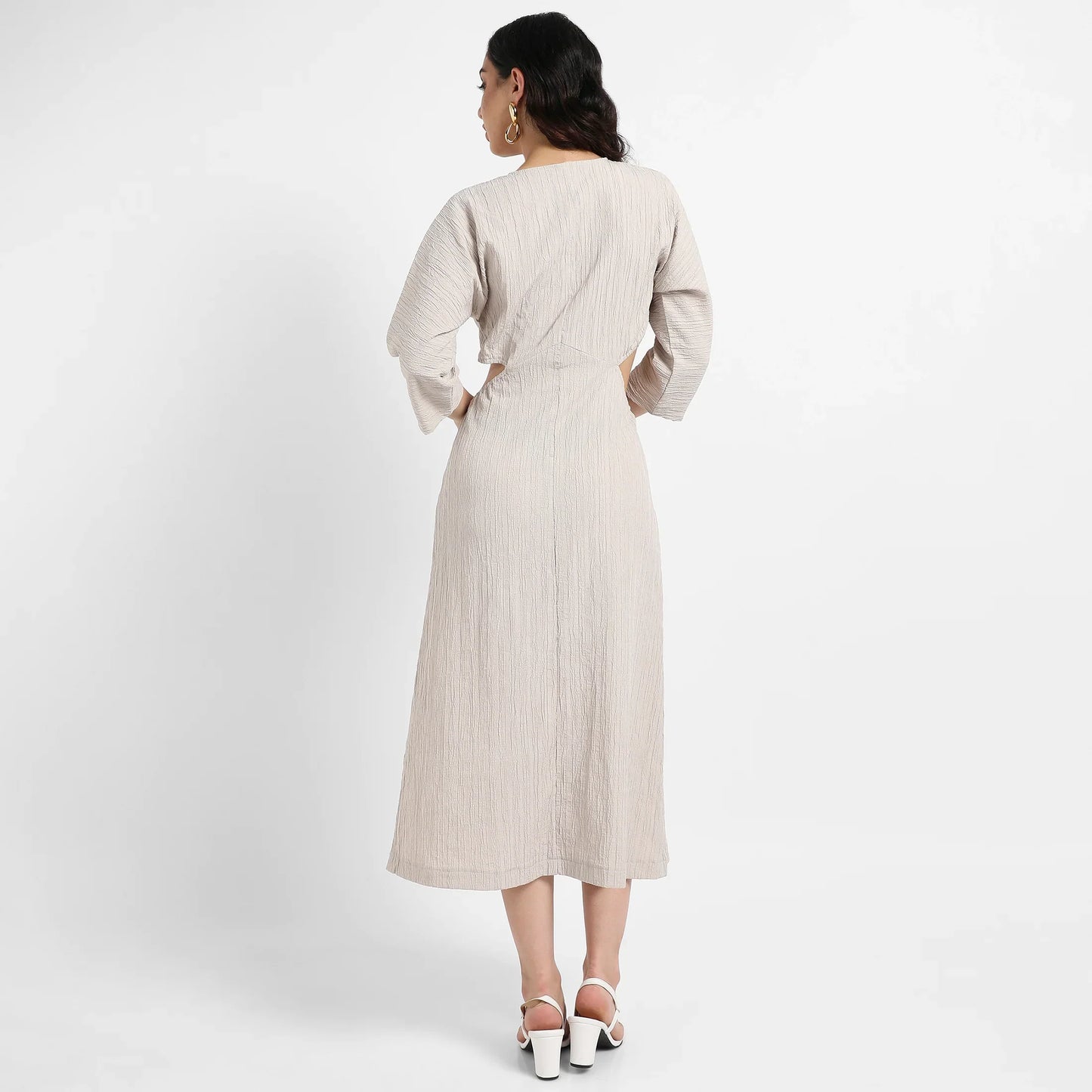 Solid Greige Dress With Tie-Up Cutout Detail