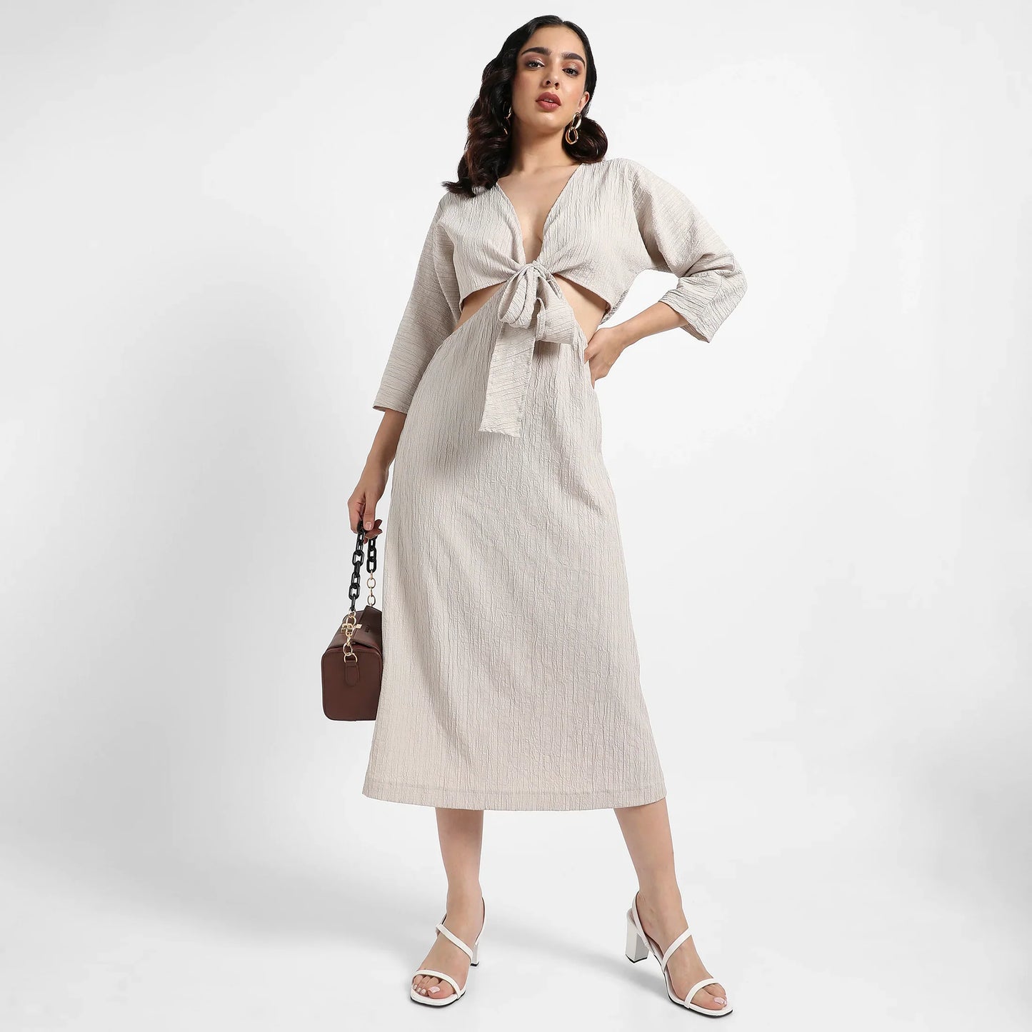 Solid Greige Dress With Tie-Up Cutout Detail