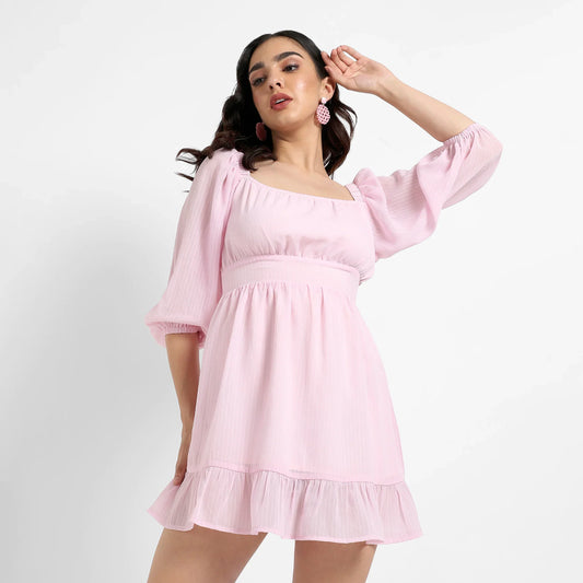 Solid Baby Pink Balloon Sleeve Dress