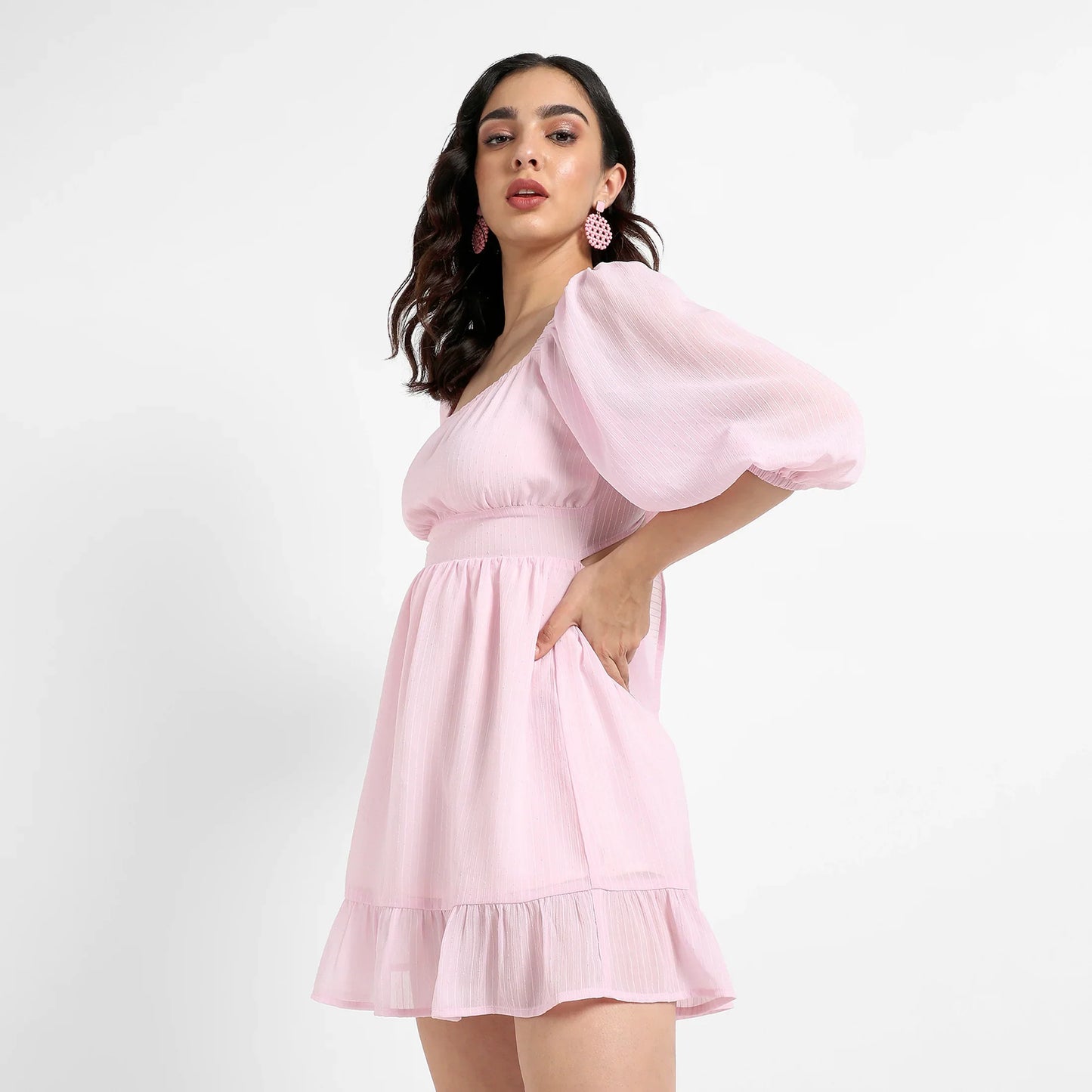 Solid Baby Pink Balloon Sleeve Dress