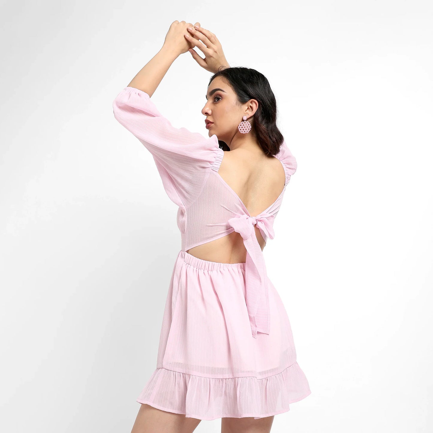 Solid Baby Pink Balloon Sleeve Dress