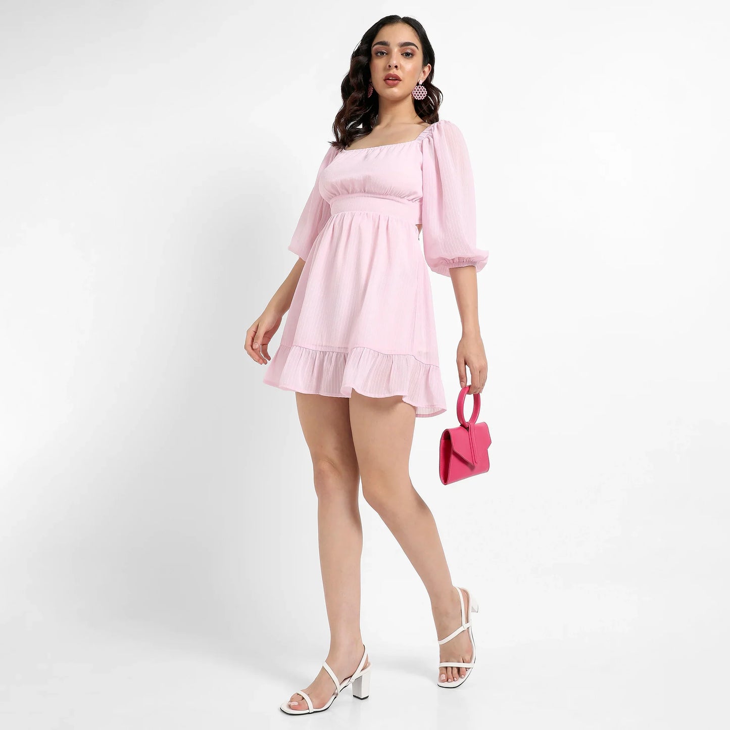 Solid Baby Pink Balloon Sleeve Dress