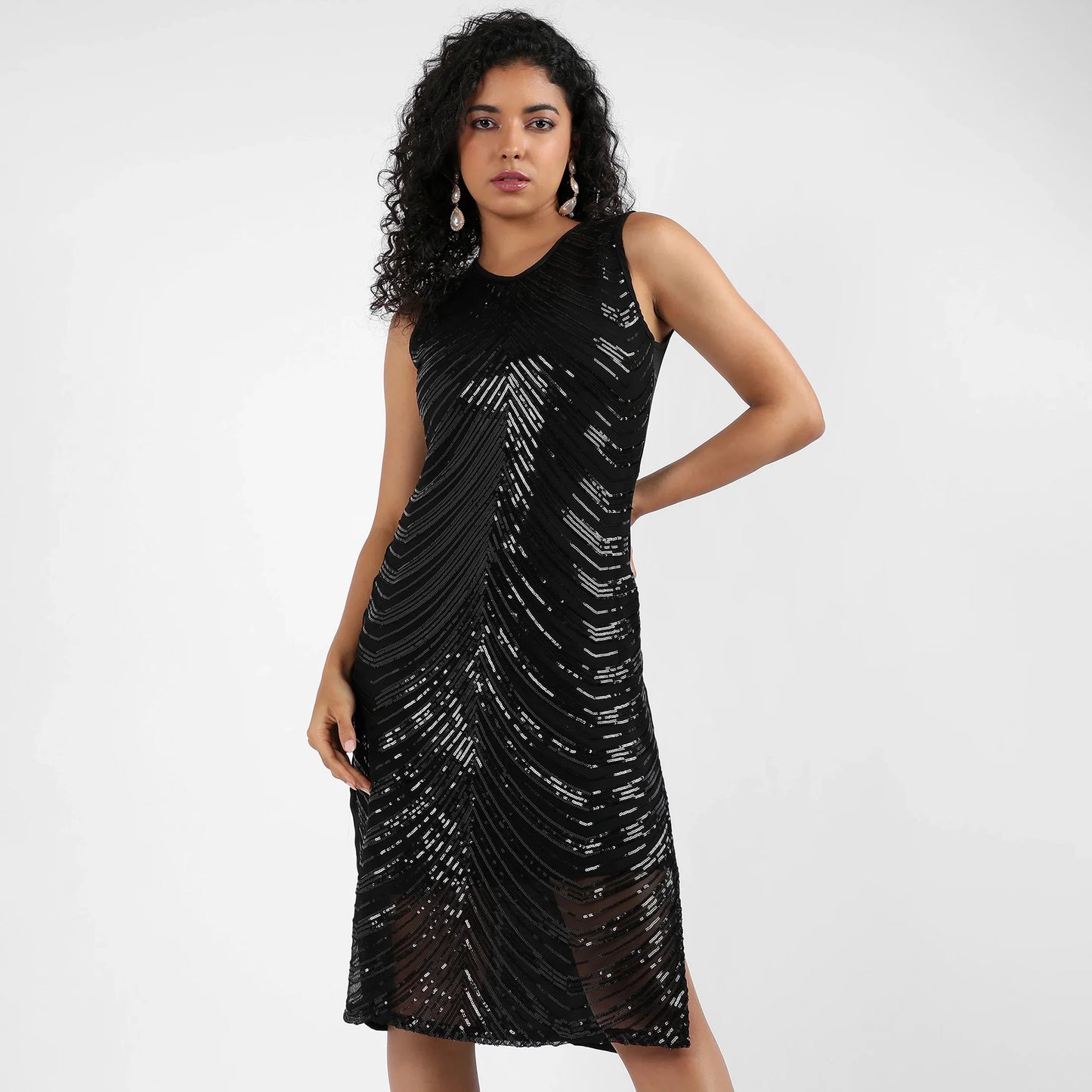 Black Self-Design Dress with Sequin Detail