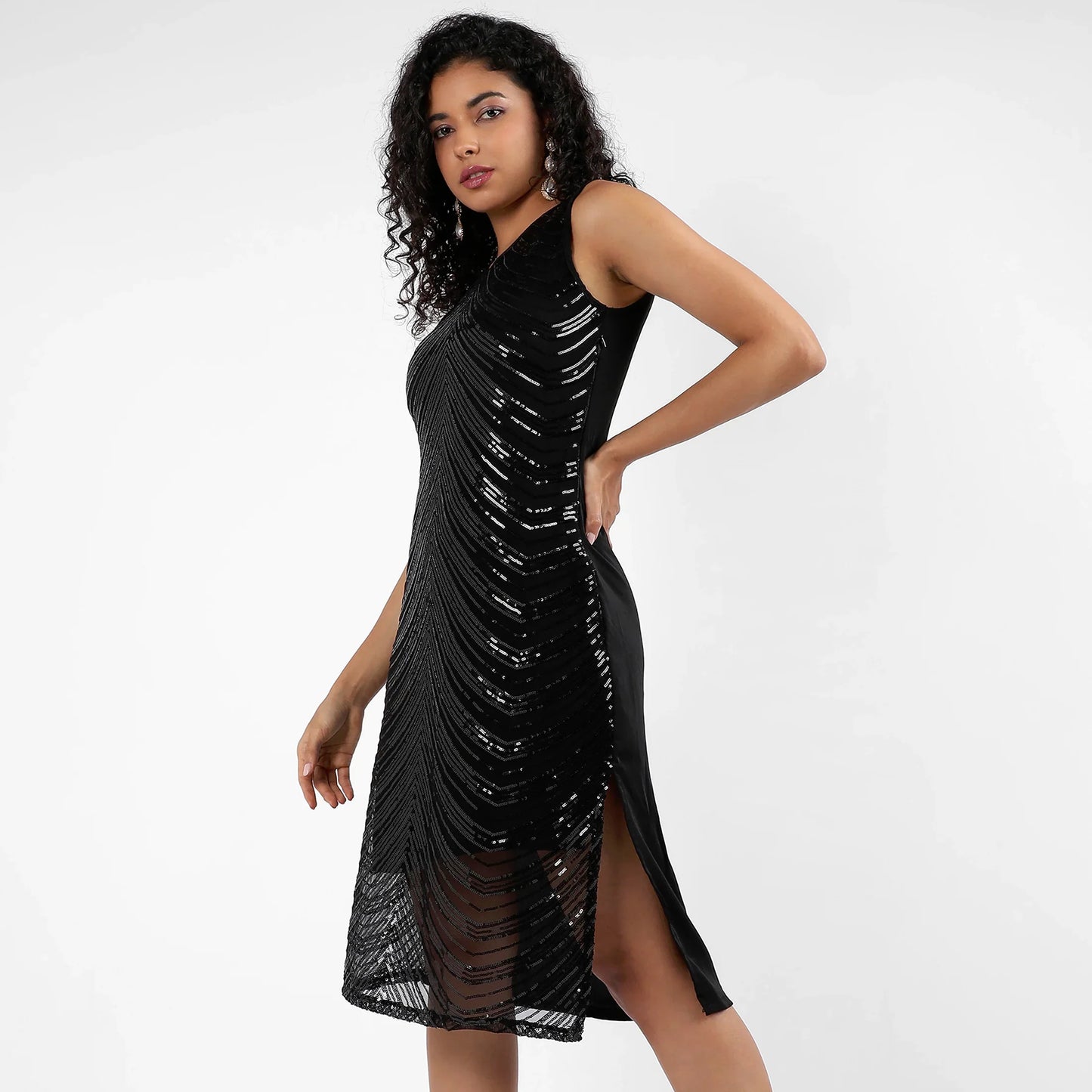 Black Self-Design Dress with Sequin Detail