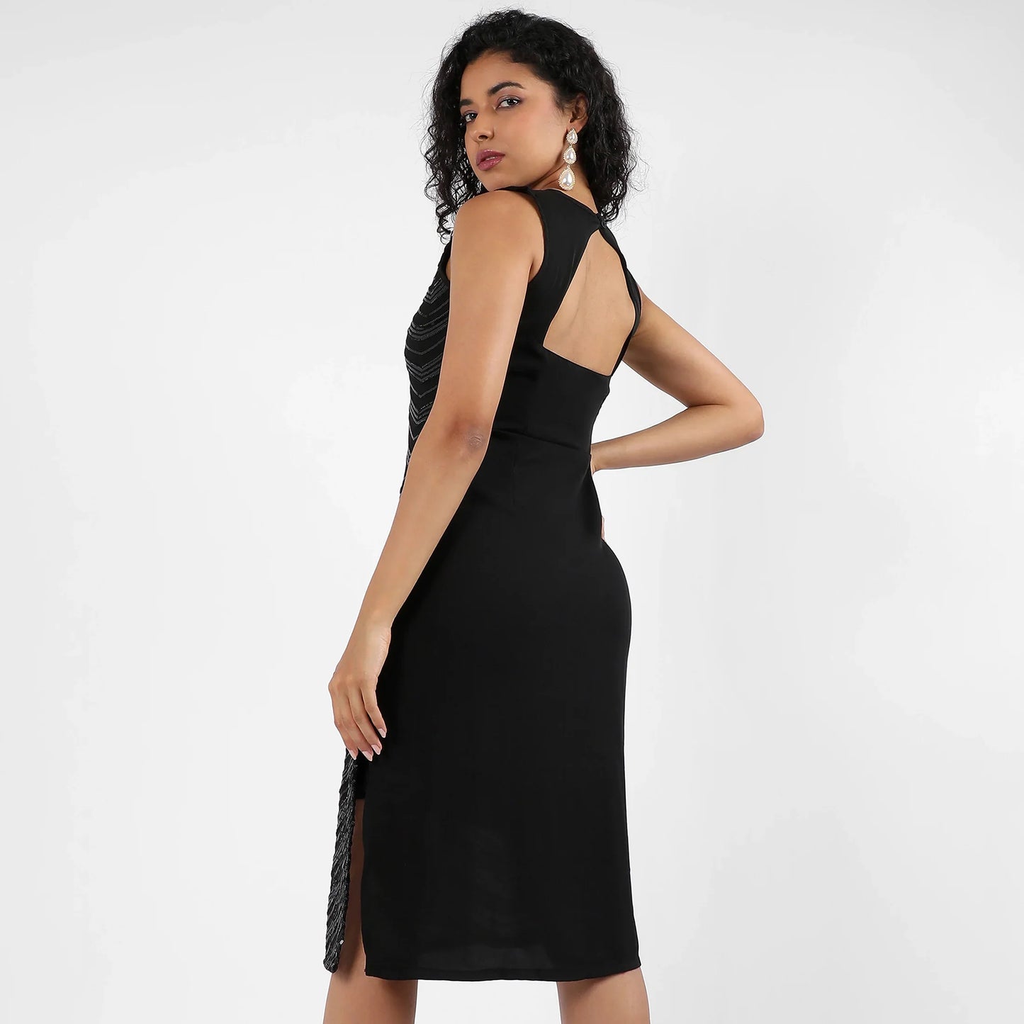 Black Self-Design Dress with Sequin Detail