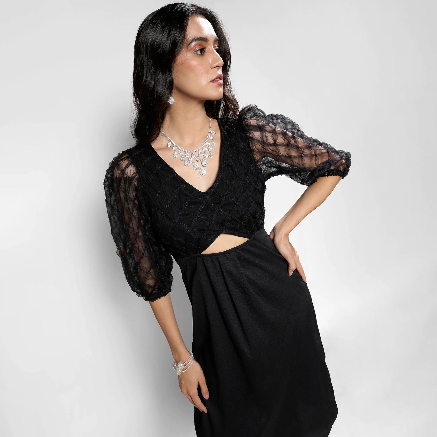 Carbon Black Cut-Out Dress With Sheer Detail
