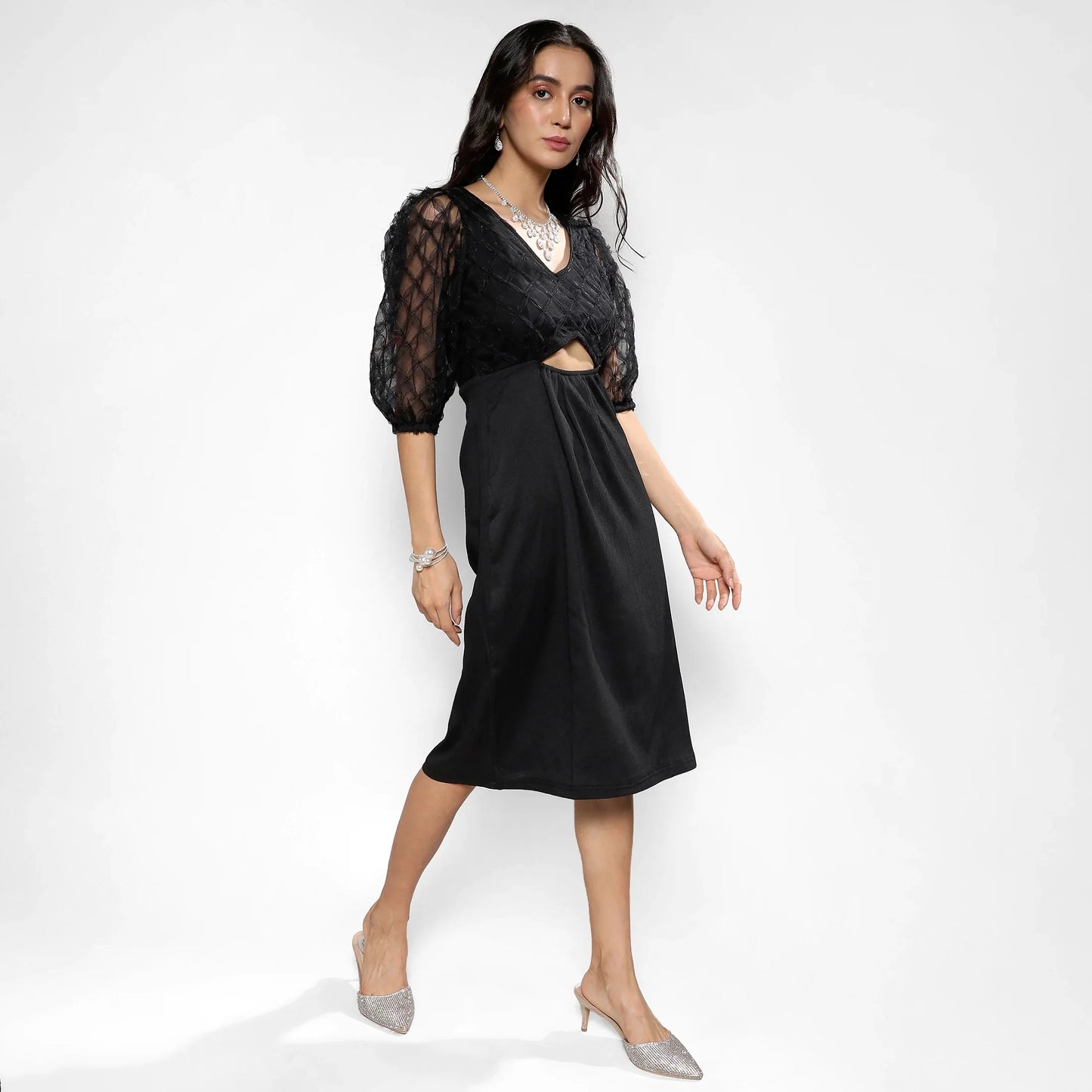 Carbon Black Cut-Out Dress With Sheer Detail