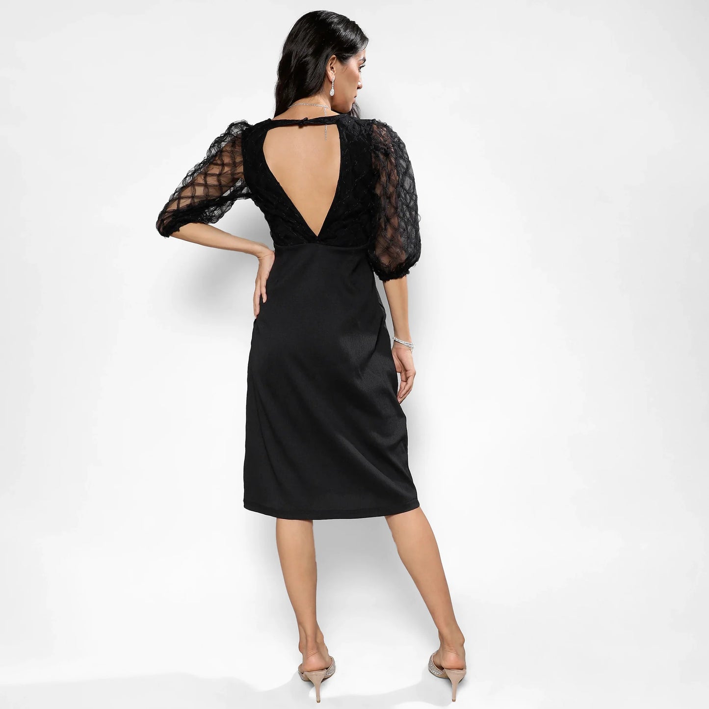 Carbon Black Cut-Out Dress With Sheer Detail