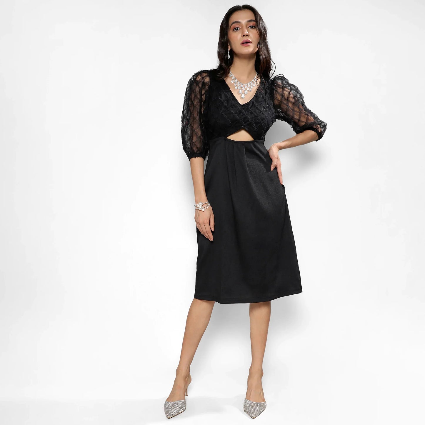 Carbon Black Cut-Out Dress With Sheer Detail