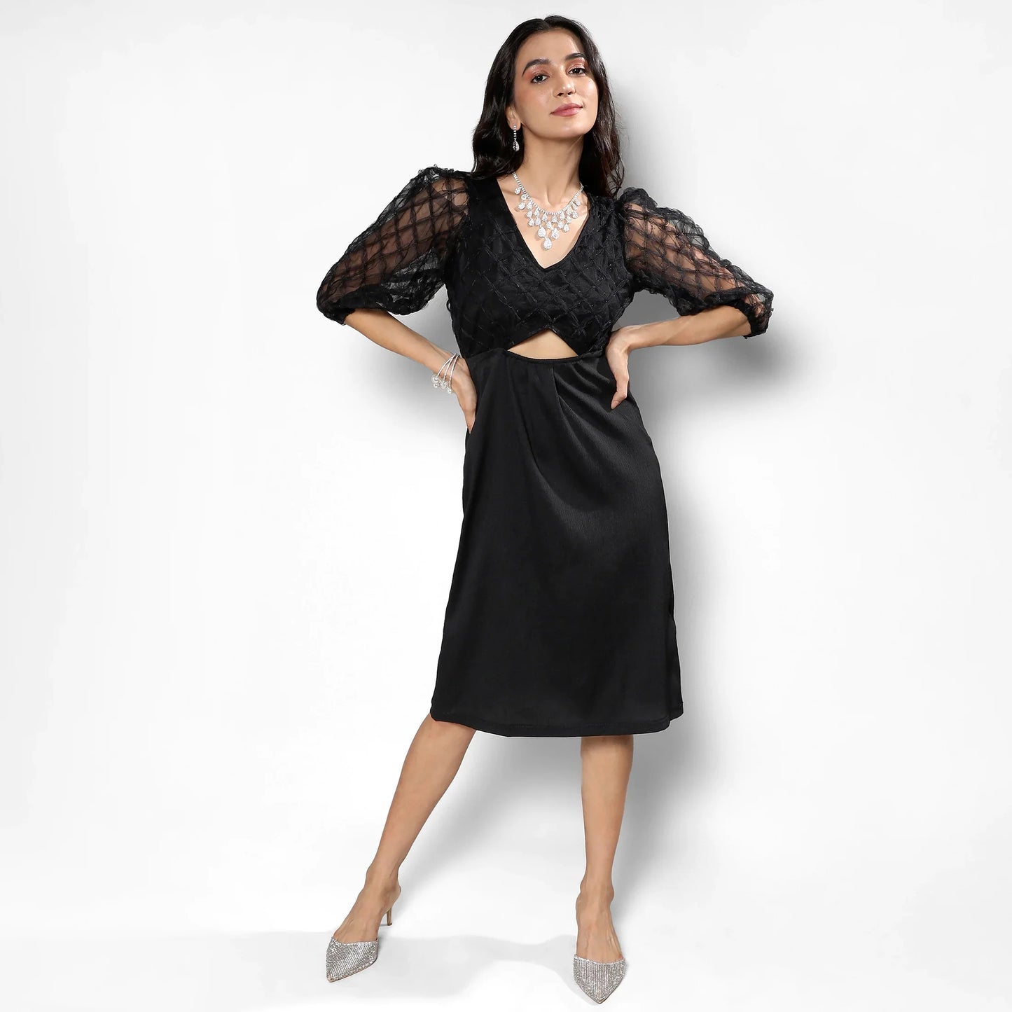 Carbon Black Cut-Out Dress With Sheer Detail