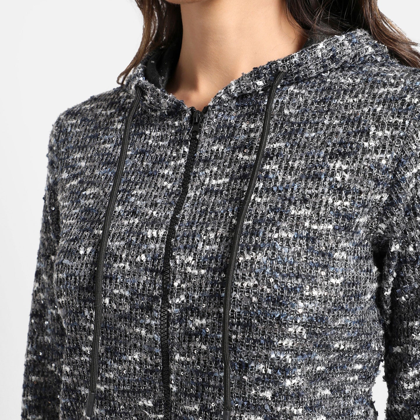 Charcoal Grey Textured Hoodie With Zip-Closure