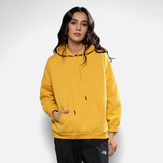 Mustard Yellow Oversized Basic Hoodie With Kangaroo Pocket
