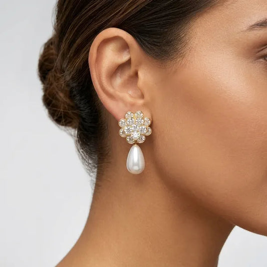 Gold Floral Studded Pearl Drop Earrings For Women