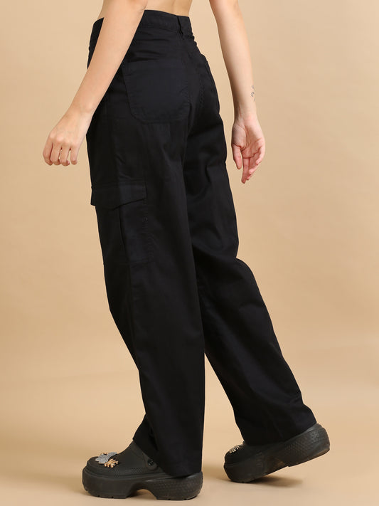 Women's Black Loose Fit Solid Cotton Cargo Trousers