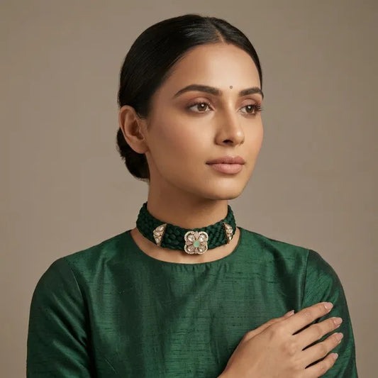 Green Beaded Kundan Floral Choker Necklace For Women