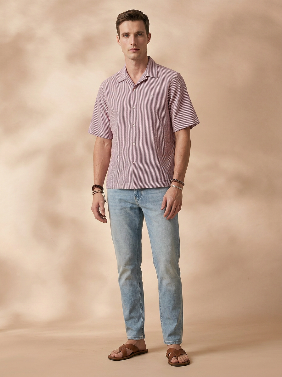 Relaxed Fit Maroon Cotton Stripes Casual Shirt for Men (DURGE)