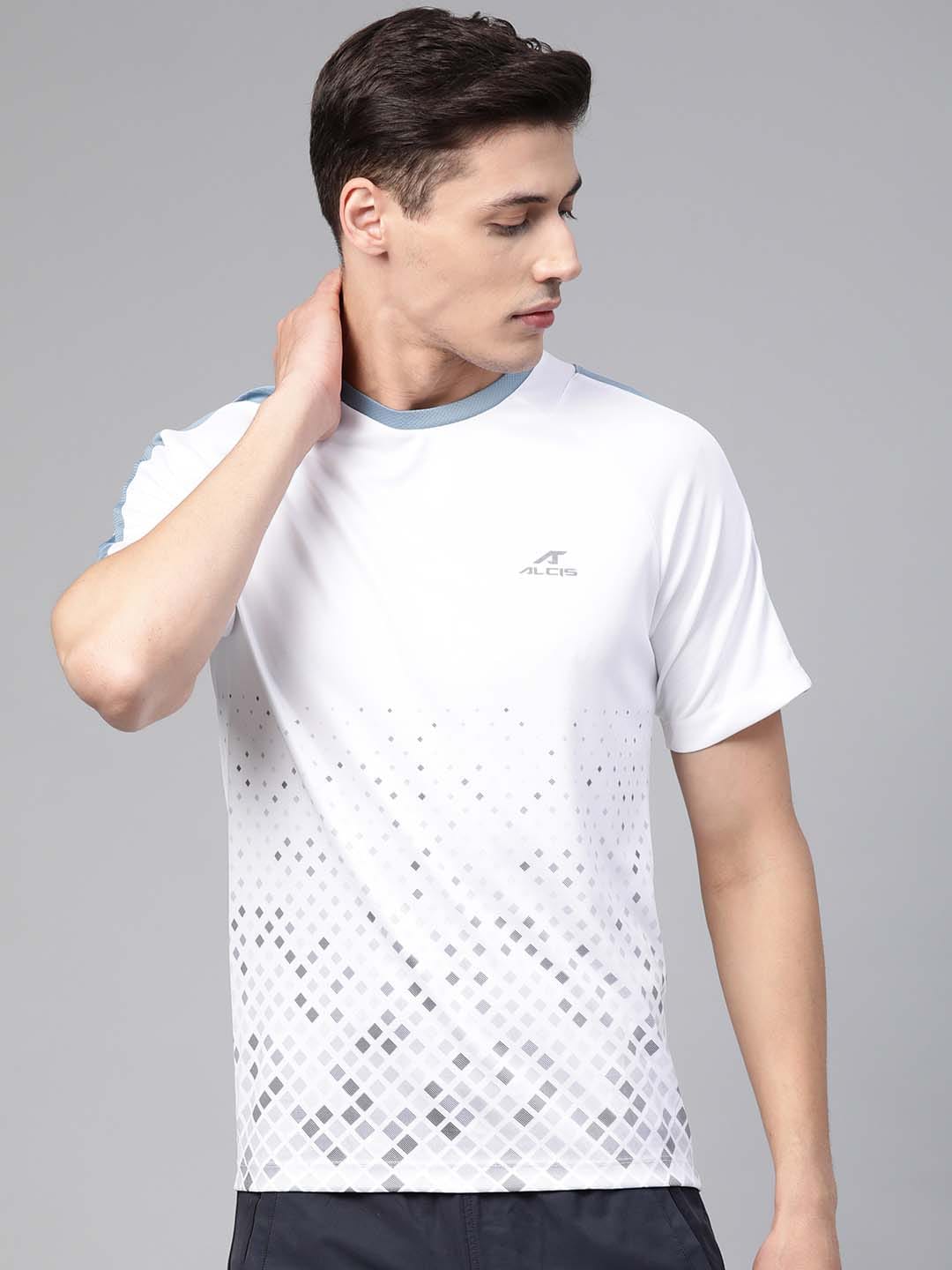 Alcis Men White Grey Printed Round Neck Training T-shirt
