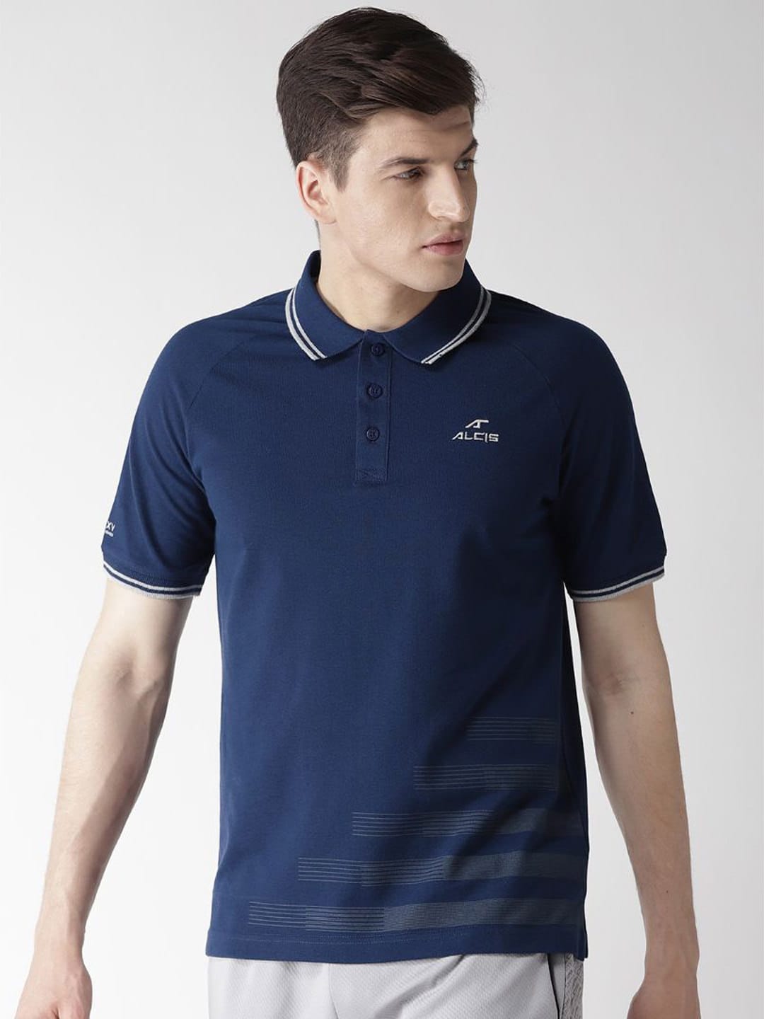 Alcis Men Navy Blue Solid Polo Collar T-shirt