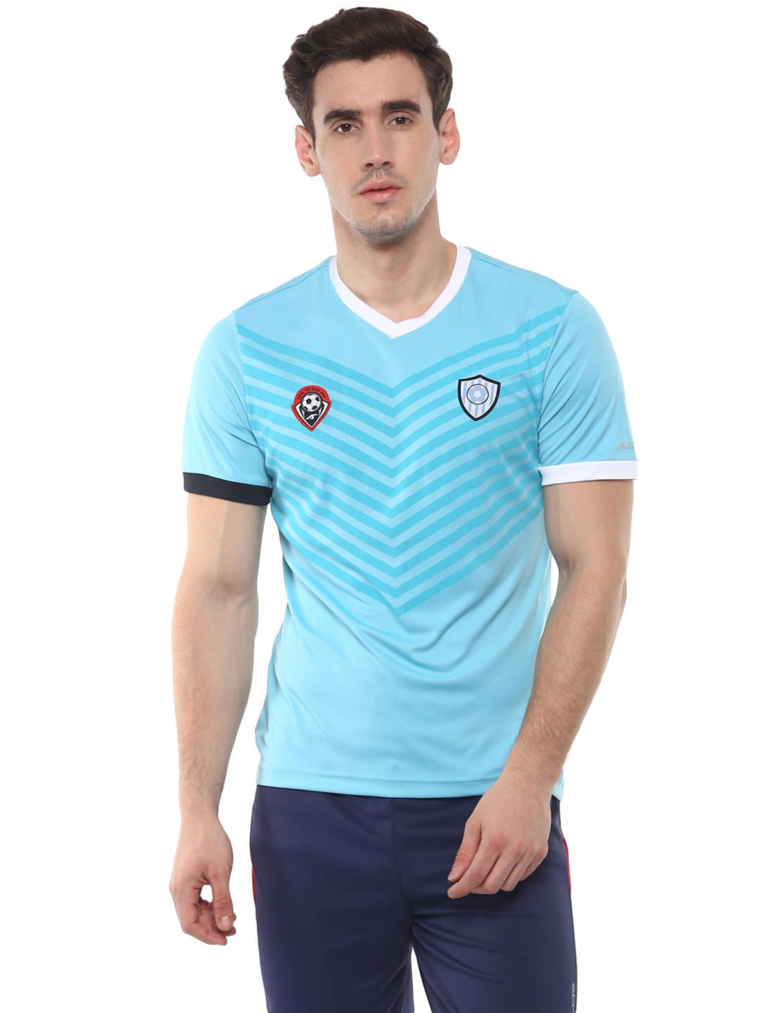 Alcis Men Blue Striped V-Neck Soccer T-shirt