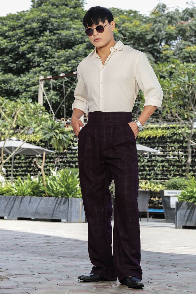 Wine Premium Tweed Blend Gurkha Trousers with Double Pleated Front