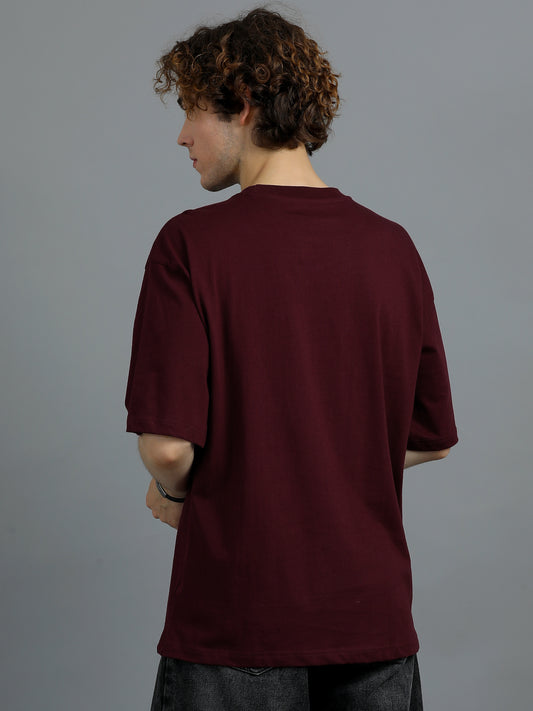 Men's Maroon Typographic Oversized T-Shirt