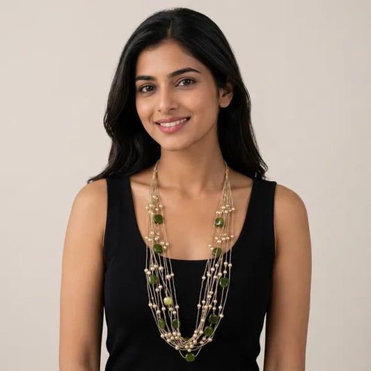 Gold And Green Beaded Multilayer Long Necklace For Women