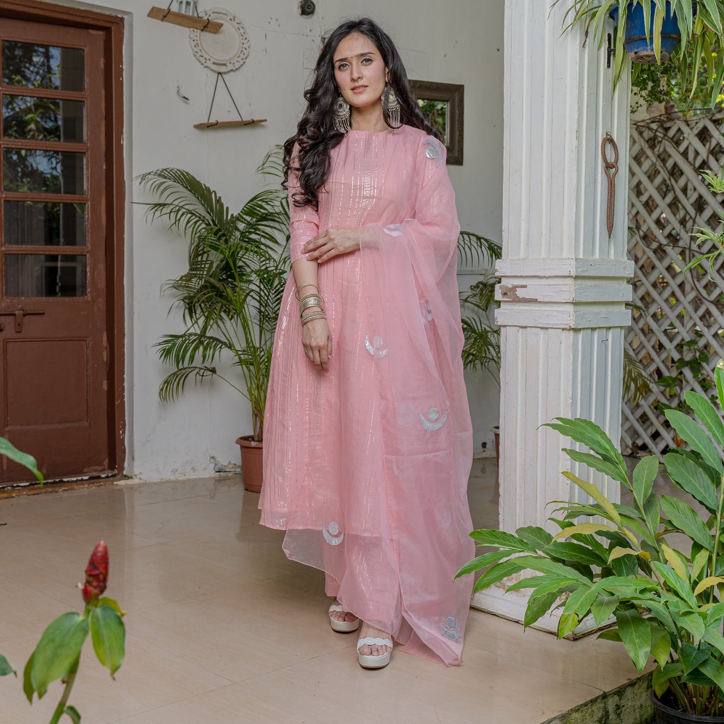 Pink Lurex Patchwork Suit Set - Ambraee