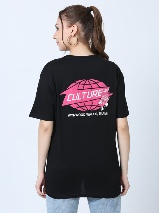 Women's Black Graphic Knitted Boxy T-Shirt