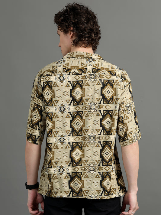 Men's Beige Abstract Relaxed Fit Shirt