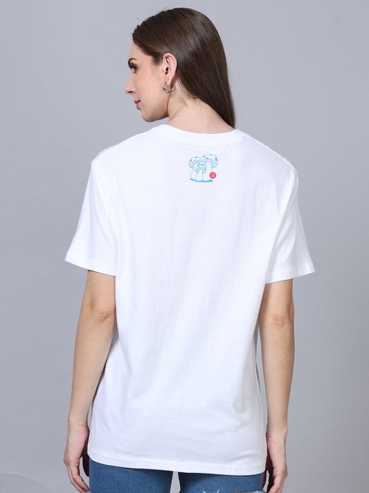 Women's White Graphic Knitted Relaxed Fit T-Shirt