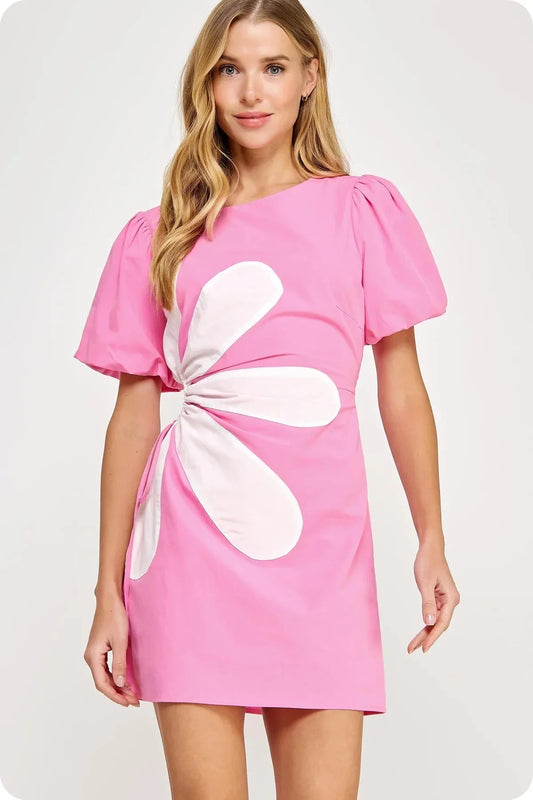 Pink Side Cut Flower Mini Dress De Novoo