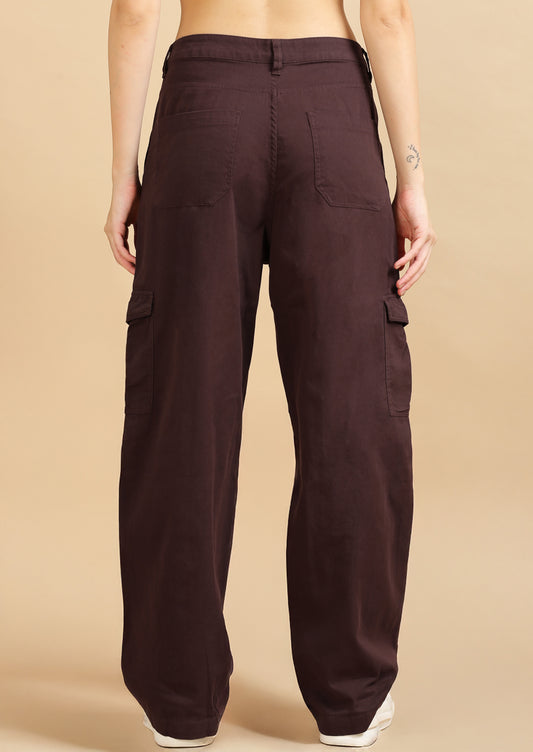 Women's Brown Loose Fit Solid Cotton Cargo Trousers