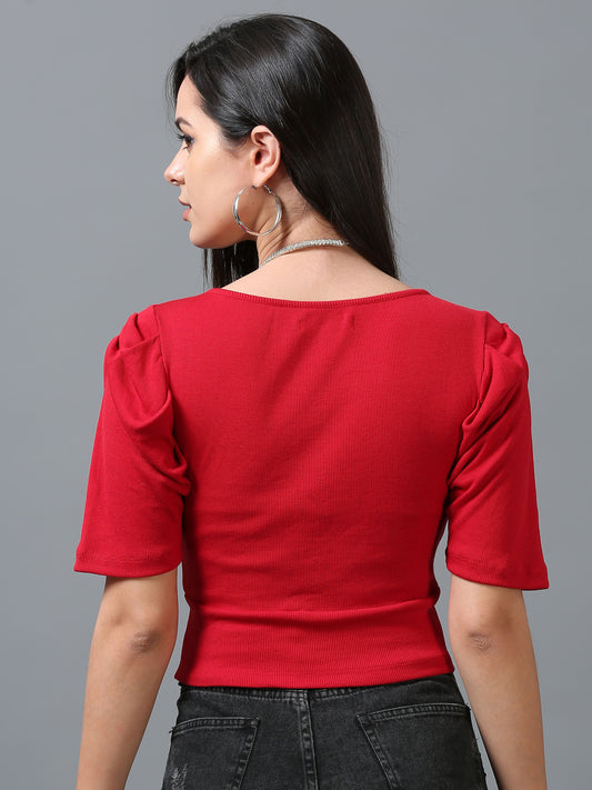 Women's Red Solid Knitted Crop Top