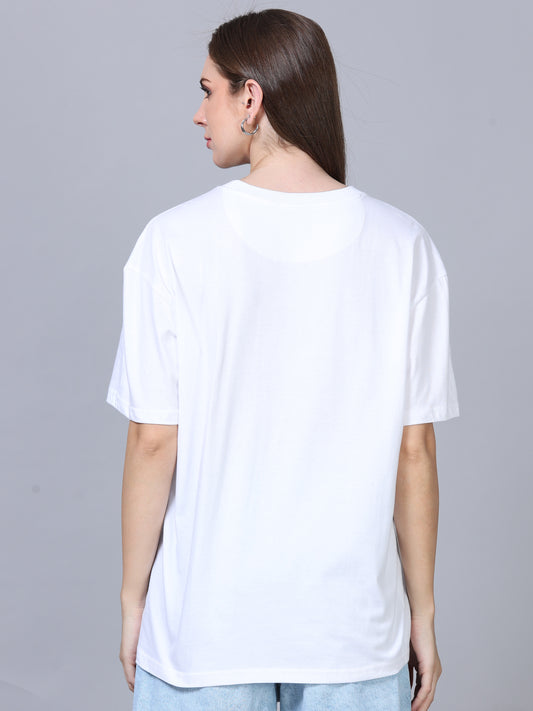 Women's White Graphic Knitted Oversized T-Shirt