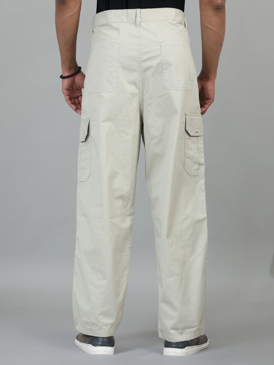Men's Beige Baggy Fit Solid Cotton Cargo Trousers