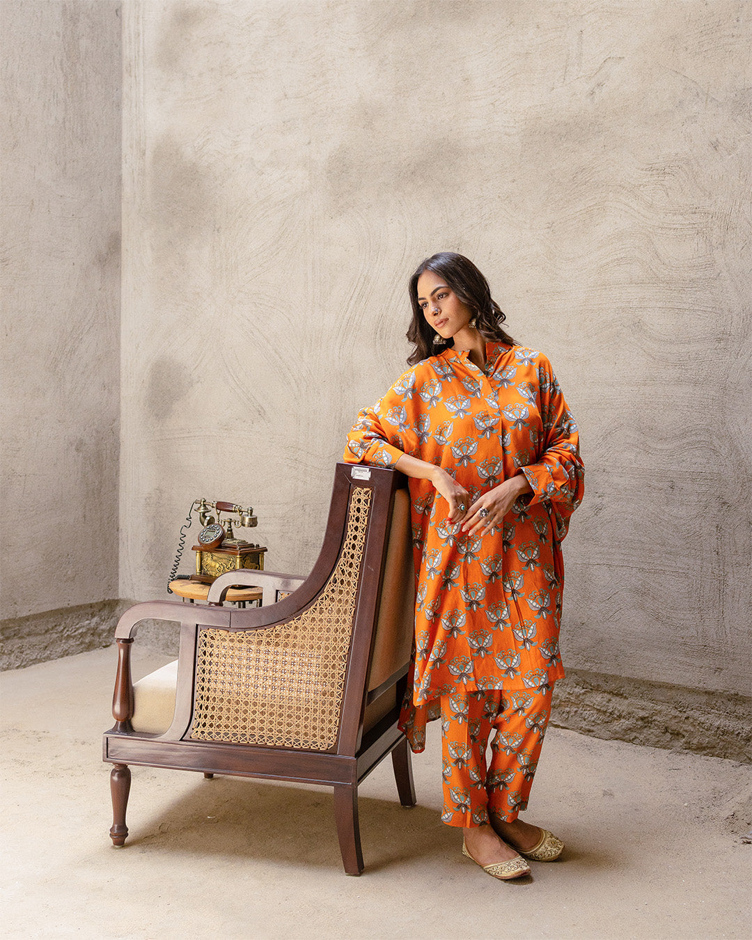 Bright Orange Block Buta Kurta Set