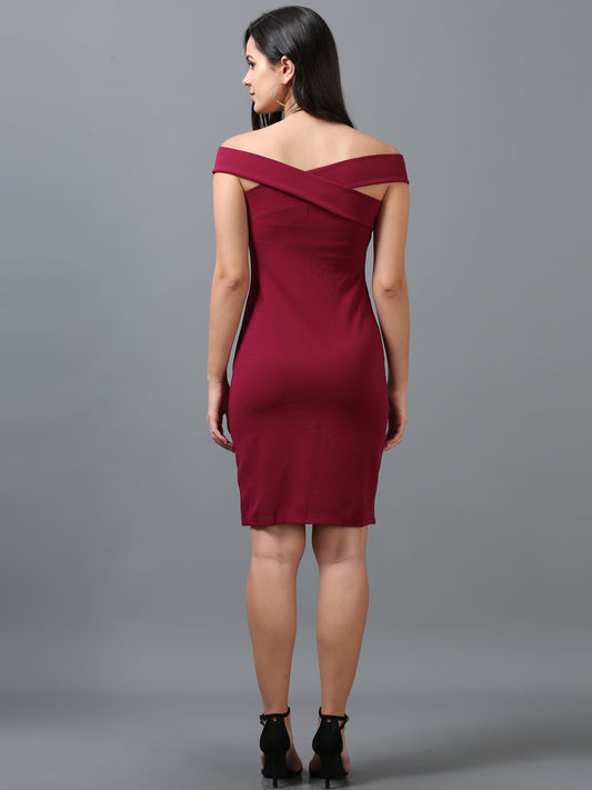 Women's Maroon Solid Knitted Knee Length Sheath Sleeveless Dress
