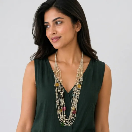 Multicolor Beaded Stone Drop Multi Layer Necklace For Women