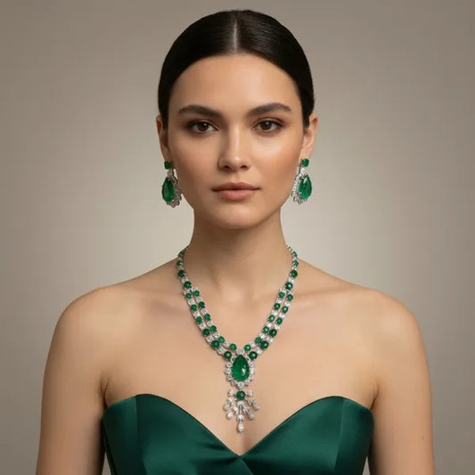 Green Silver Emerald Stone Layered Statement Necklace Earrings Set For Wome