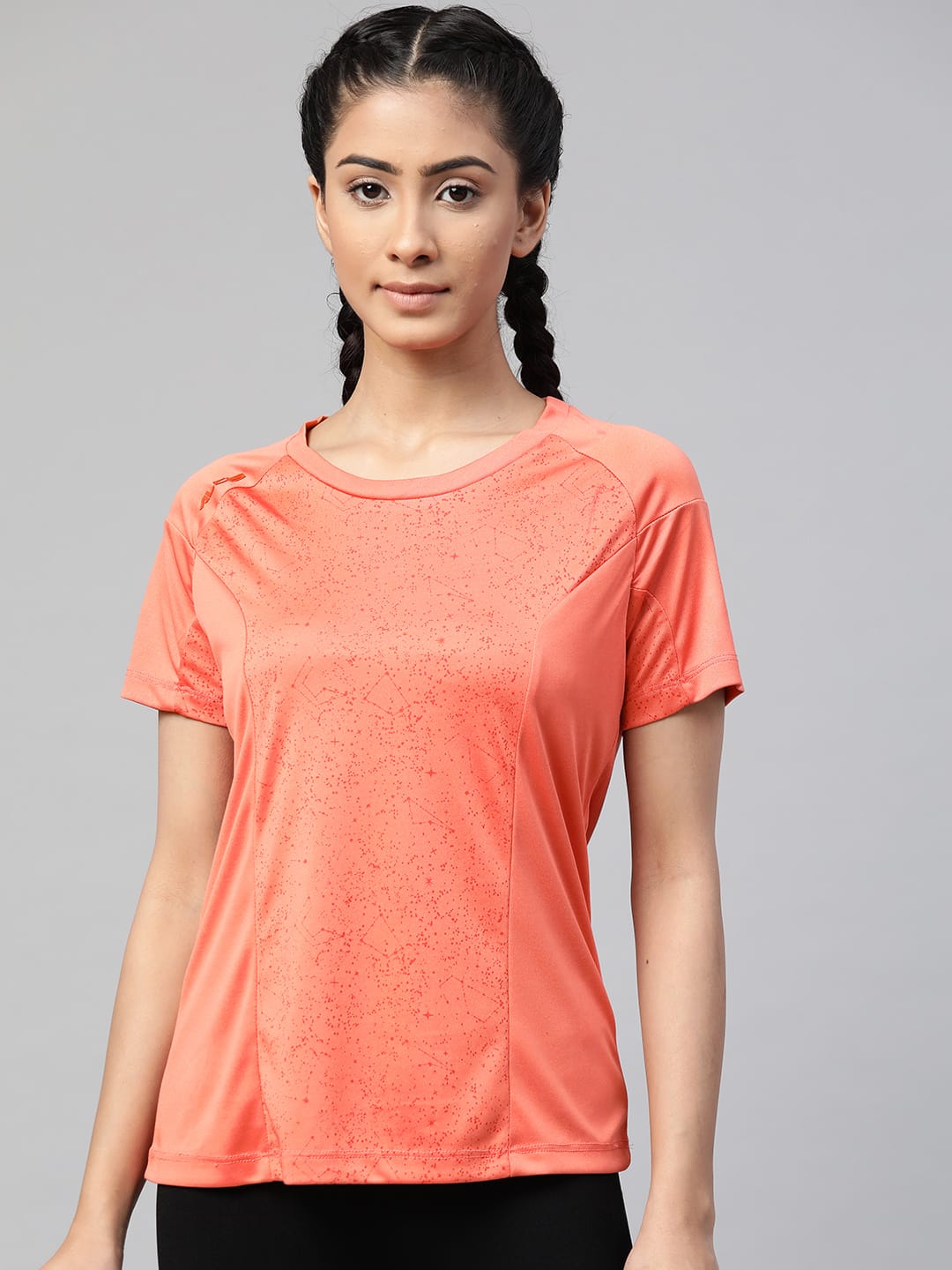 Alcis Women Coral Orange Printed Round Neck Tennis T-shirt