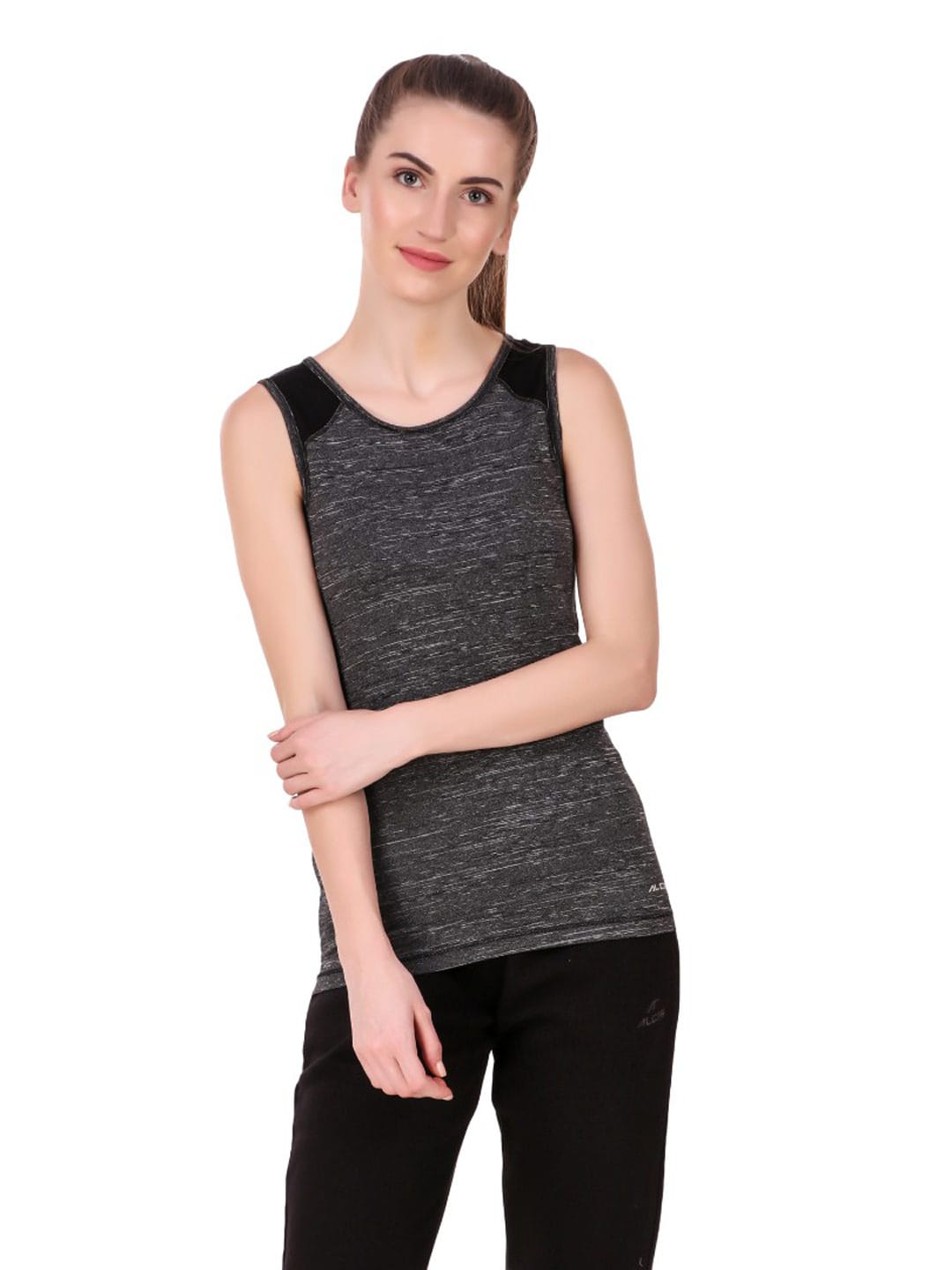Alcis Women Charcoal Grey Self Design Round Neck Sports T-shirt
